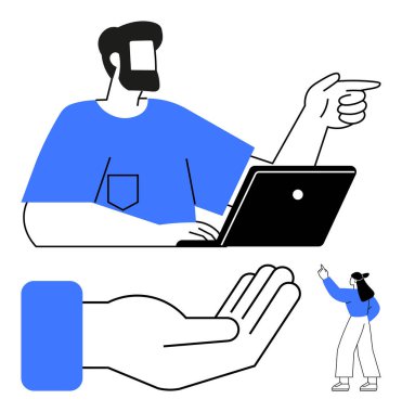 Adam dizüstü bilgisayar jestine odaklanmış, eli açık, yardımı sembolize ediyor, kadın selfie çekiyor. İletişim, takım çalışması, iş hayatı dengesi, destek, ağ verimliliği işbirliği için ideal. Düz