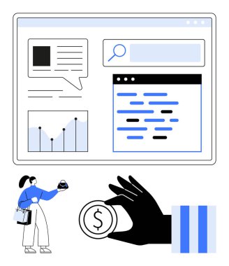 Analiz, çizelgeler, web öğeleri el ele tutuşan madeni paralar, yönetici görevleri. Finans, çevrimiçi ticaret, veri eğilimleri, yatırım, üretkenlik takım çalışması için ideal düz bir metafor