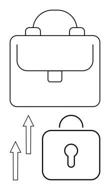 Evrak çantası işi simgeler, kilit güvenliği simgeler ve oklar da büyüme veya ilerlemeyi. Ticari genişleme, kariyer ilerlemesi, mali güvenlik, girişimcilik, mesleki gelişim için ideal