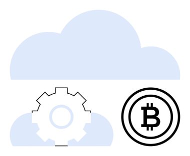 Bulut yapıları, ayarlar için teçhizat, Bitcoin simgesi blok zinciri entegrasyonunu, gelişimi, dijital eğilimleri sembolize eder. Teknoloji için ideal, kripto para birimi, bulut hesaplama, yenilik engelleme zinciri