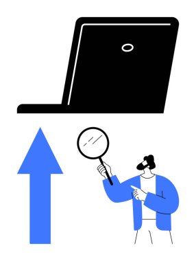 İş adamı trendleri büyüteçle inceliyor, bir dizüstü bilgisayar ve yukarı doğru ok gözlemliyor. Analiz için ideal, ilerleme takibi, strateji, yenilik, büyüme, verimlilik teknolojisi. Düz basit