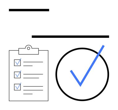 Tamamlanmış görevleri ve verimliliği temsil eden kontrol listesi ve mavi kene ile pano. Üretkenlik, organizasyon, planlama, değerlendirme, başarı, hedefler, düz basit metafor