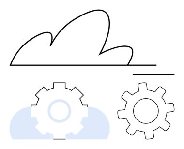 Teknoloji entegrasyonunu, otomasyonu ve işbirliğini gösteren iki dişlinin üzerindeki bulutun ana hatları. Teknoloji, bulut depolama, takım çalışması, sistem optimizasyonu, süreç yönetimi için ideal