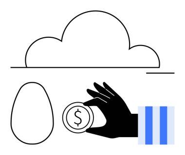 Yumurtanın yanında el ele tutuşan madeni para, finansal güvenlik, tasarruf, servet yönetimi, yatırım büyümesi, bulut kaynakları, dijital bankacılık ve modern teknolojiyi vurguluyor. Fintech için ideal