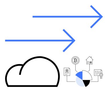 Oklar bulut deposuna veri transferi yapar. Sağ taraf dijital varlıkları tasvir ediyor. Kripto para birimi, ev, belge anlayışı. Teknoloji, veri akışı, finans, bulut entegrasyonu için ideal