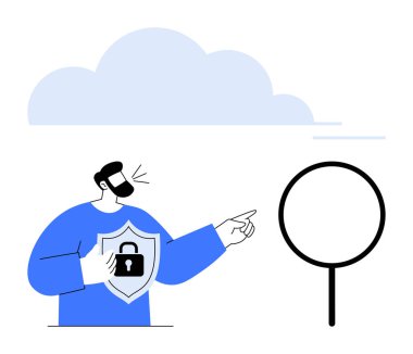 Kalkanı kilit ikon noktalarıyla büyüteç altında tutan adam. Siber güvenlik, bulut güvenliği, analiz, problem çözme, mahremiyet, veri koruması, düz bir metafor için ideal