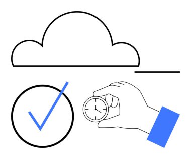 El ele tutuşan saat, bulut simgesi ve siyah-mavi aksanlı bir işaret. Üretkenlik, bulut hesaplama, zaman optimizasyonu, hedef izleme, görev çizelgesi, teslim tarihleri düz metafor