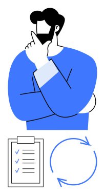 Elleri çenesinde, işaretli listeleri ve dairesel akış diyagramını dikkatlice analiz eden adam. Karar verme, planlama, fikirler, iş akışları, analiz, sorun çözme dairesi için ideal