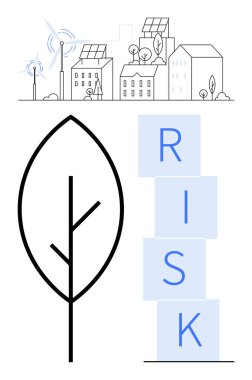 Yenilenebilir enerji şebekesi güneş panelleri, rüzgar türbinleri, minimalist yaprak ve istiflenmiş RISK blokları. Sürdürülebilirlik, yeşil enerji, iklim değişikliği, ekolojik çözümler, gelecek risk değerlendirmesi için ideal