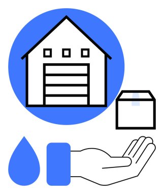 Ev şeklindeki depo, nakliye kutusu, su damlası ve el taşımacılığı lojistik, destek ve çevresel bakım. İkmal zinciri, dağıtım, sürdürülebilirlik su korunumu için ideal