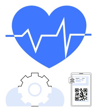 Kalp atışı çizgisi olan mavi kalp, sistemin işlevselliğini gösteren vites, dijital ödemeyi işaret eden akıllı telefondaki QR kodu. Sağlık teknolojisi, tıbbi finansman, dijital yenilik, bağlantı ve ödeme için ideal