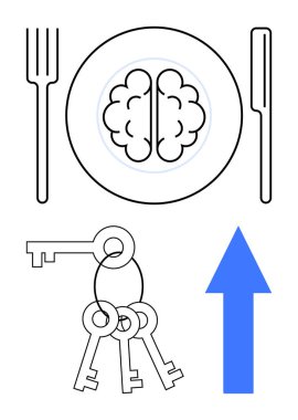 Çatal ve bıçaklı bir tabakta servis edilen beyin erişimi simgeleyen anahtarlar ve yukarı bakan mavi ok. Eğitim, bilgi edinme, kendini geliştirme, fikir üretimi ve potansiyel kilidi açmak için ideal