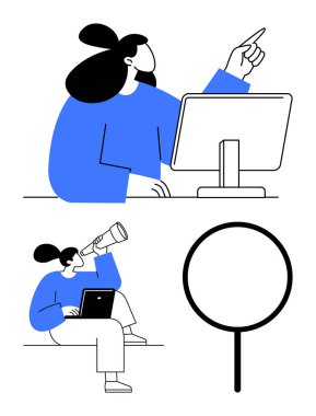 Masaüstünde çalışan, ileri bakan, teleskop ve büyüteci keşif aracı olarak kullanan bir kadın. Araştırma, veri analizi, eğitim, yenilik, keşif odaklı öğrenme için idealdir. Kalın