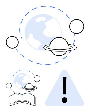 Satürn gezegenini ve Dünya 'nın yörüngesini işaret ediyor. Bilgiyi simgeleyen açık bir kitap ve bir uyarı işareti. Bilim, eğitim, evren, keşif, astronomi ihtiyatı için idealdir. Düz basit