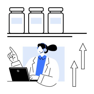Kulaklığı olan bir eczacı ilaç şişelerinin yanında dizüstü bilgisayarda çalışıyor, yukarıya bakıyor, analizi ve büyümeyi vurguluyor. Sağlık, eczane, üretkenlik, gelişme ve araştırma için ideal