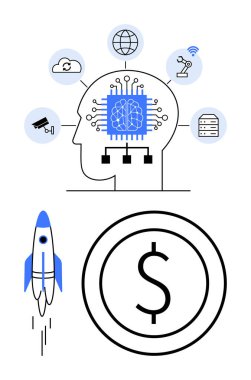 İnsan kafası yapay zeka beyninin bulut, robot bilimi ve veriye olan bağlantılarını özetliyor. Dolar finansal başarıyı vurgular, roket yeniliği simgeler. Teknoloji, yapay zeka, küreselleşme, robotik finans için ideal