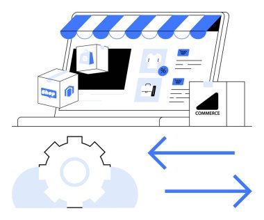 E- ticaret mağazası kurulumlu dizüstü bilgisayar ekranı, sistem entegrasyonunu gösteren dişliler, işlem değişimi için oklar. Ticaret için ideal, çevrimiçi mağaza, otomasyon, işlemler, perakende satış, dijital ticaret dairesi