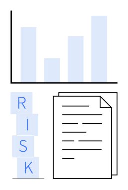 Veri karşılaştırmasını gösteren çubuk grafik, RISK yazımını engelleyen yığın ve metin ile döküman sayfası. İş, risk yönetimi, planlama, finans, analitik, strateji soyut çizgisi için ideal
