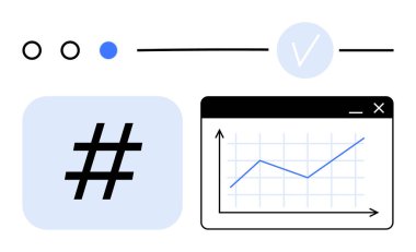 Grafik penceresinde meta veri etiketi, çizgi çizelgesi, ilerleme göstergeleri ve veri takibi, analitik ve başarıyı sembolize eden işaretler. Veri sunumu, istatistik ve iş akışı projesi için ideal