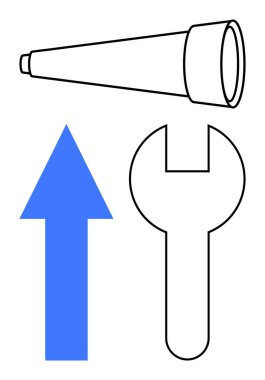 Teleskop, yukarı bakan mavi ok ve vizyonu, büyümeyi ve çözümleri sembolize eden anahtar. Yenilik, strateji, gelişim geliştirme, ilerleme onarım keşfi için idealdir. Düz basit metafor
