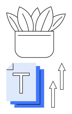 Saksı bitkisi, T harfi ile istiflenmiş kağıt ve yukarı doğru ok. Büyüme, organizasyon, verimlilik, eko-dostluk, yaratıcılık eğitimi için ideal. Düz basit metafor