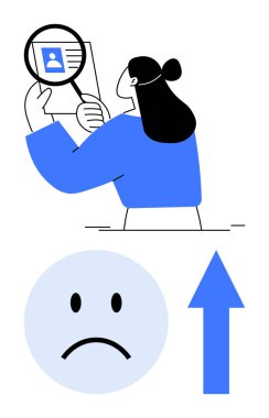 Profil detaylarını inceleyen kadın büyüteç, kaşlarını çatan yüz, yukarı doğru mavi ok kullanıyor. İşe alım, kariyer büyümesi, geri bildirim, değerlendirme süreci, değerlendirme karar verme süreci için ideal. Düz