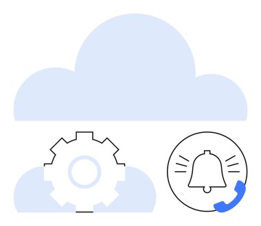 Dişlileri sembolize eden ayarlar, mavi bulut şekilleri ve sistem bildirimlerini vurgulayan zil sesi. Teknoloji, otomasyon, alarm sistemleri, iletişim, bulut servisi, bilişim yönetimi dairesi için ideal