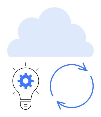 Ampulün içindeki dişli, mavi bulut şekli, dairesel oklar yeniliği, bulut hesaplamasını, işletim döngülerini sembolize eder. Teknoloji, fikirler, süreç, yenilenme verimliliği için idealdir.