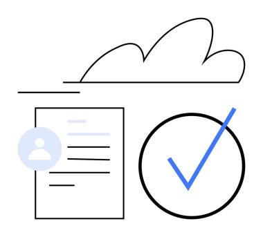 Kullanıcı profilinin, belge dosyasının ve mavi işaretin üzerindeki bulut sembolü. Güvenli depolama, bulut hizmetleri, doğrulama, dijital kimlik, belge yönetimi, kimlik doğrulama dairesi metaforu için ideal
