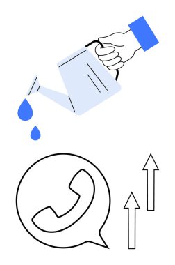 Sohbet balonunda bir telefon sembolüne su dökerek yukarı doğru ok atıyorlar. İletişim, büyüme, ağ, takım çalışması, müşteri bakımı, iş geliştirme, daire için ideal