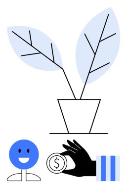 Saksıda tomurcuklanan dallar, gülümseyen yüz, el ele tutuşan para. Finans, büyüme, sürdürülebilirlik, mutluluk, zenginlik yatırımları için ideal çevre dostu kavramlar. Düz basit metafor
