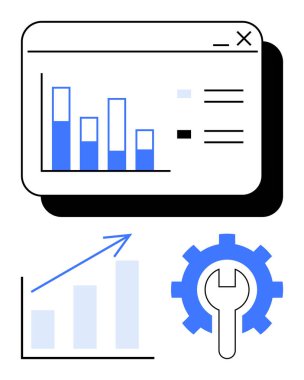 Arayüzdeki çubuk grafik, yukarı bakan büyüme tablosu, ingiliz anahtarlı dişliler analitiği, ilerlemeyi ve optimizasyonu temsil ediyor. İş stratejisi, teknoloji, pazarlama ve planlama performansı için ideal