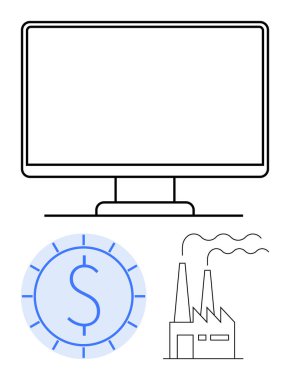 Bilgisayar monitörü, dolar işaretli para ve bacalı fabrika. İş, finans, endüstri, teknoloji, dijital dönüşüm imalatı için idealdir. Düz basit metafor