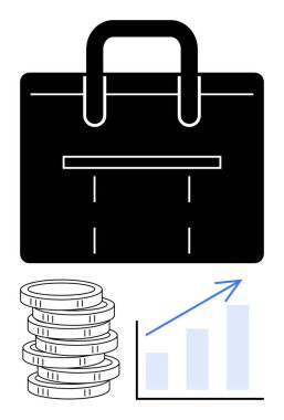 İşi simgeleyen evrak çantası, parayı temsil eden bozuk para yığını, büyümeyi gösteren yukarı doğru ok. Finans, iş stratejisi, kariyer geliştirme, yatırım, başarı, zenginlik için ideal