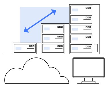 Büyüme oku, bulut sembolü ve monitörü olan sunucular yığını. Bulut hesaplama, ölçeklenebilirlik, veri depolama, teknoloji, bilişim çözümleri dijital dönüşüm web sunucusu için idealdir. Düz basit metafor