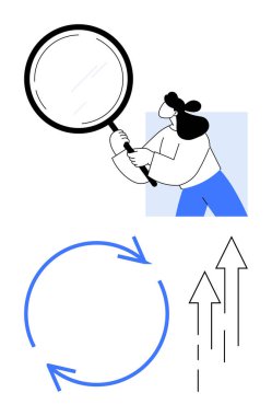 Büyük bir büyüteç tutan kadın figürü, döngüleri sembolize eden dairesel oklar ve büyümeyi simgeleyen yukarı doğru oklar. Araştırma, yenilik, ilerleme, analiz, geliştirme, strateji için ideal