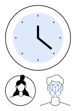 İki profilli saat, biri yüz tarama kalıbıyla detaylı. Zaman yönetimi, teknoloji, veri güvenliği, biyometrik, kimlik, yenilik için ideal, düz basit metafor