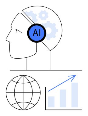 Yapay zeka ve vitesli insan profili, dünya küresi ve yukarı doğru oklu bar tablosu. Teknoloji, yenilik, küresel ulaşım, analitik, gelişen veri bilimi büyümesi için idealdir. Düz basit metafor