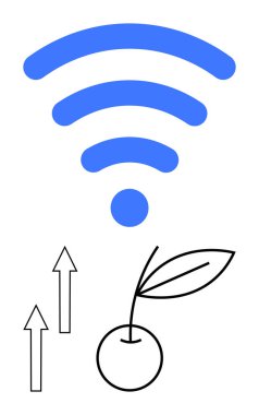 Kara kiraz ve yukarı doğru okların üstündeki mavi kablosuz sinyal, büyümeyi, yeniliği, ilerlemeyi, iletişimi ve teknolojiyi temsil ediyor. Bağlantı için ideal, teknolojik büyüme, modern ağ dijital