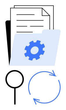 Çarklı dosya dizini ayarları sembolize eder, veri için belge yığını, arama için büyüteç ve işlem geliştirmek için dairesel oklar. Veri, ayar, yönetim, araçlar için ideal