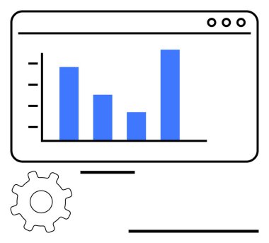 Bilgisayar ekranındaki çubuk grafik, analitiği, optimizasyonu ve verimliliği vurgulayan vites simgesi. İş, veri, teknoloji, istatistik planlaması için ideal yenilik raporları. Düz basit