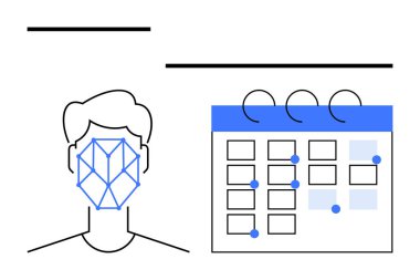Dijital takvimin yanında görev ve olaylarla işaretlenmiş geometrik yüz deseni taraması. Zaman yönetimi, yapay zeka, biyometri, güvenlik, programlama, verimlilik ve gelecekteki teknoloji için ideal. Düz basit metafor