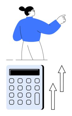 Bir kadın hesap makinesinin yanında yukarı doğru hareket ediyor, oklar yükseliyor, gelişmeyi, hesaplamayı ve analitiği temsil ediyor. Finans, bütçe, büyüme, ekonomi muhasebe planlama için ideal. Düz basit