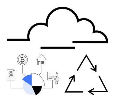 Bulut taslağı, blok zinciri simgeleri, kripto para birimini ve varlıkları bağlayan pasta grafiği ve geri dönüşüm okları teknoloji, finans ve sürdürülebilirlik kavramlarını vurguluyor. Yenilik, finans ve veri için ideal
