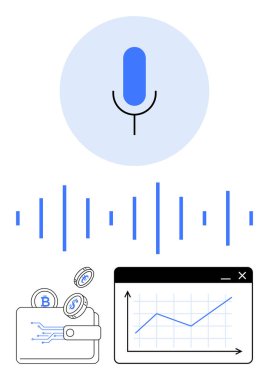 Ses dalgalı mikrofon, kripto para birimi simgeli cüzdan ve ses teknolojisinin güvenli kripto işlemleri ve finansal büyüme üzerindeki etkisini gösteren grafik ekranı. Teknoloji için ideal