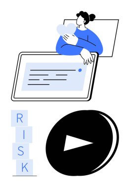 Bir tabletin yanında kupa tutan bir kadın, çalma düğmesi ve RISK 'i hecelemeyi engelliyor. Karar verme, risk yönetimi, dijital medya, aşk, seçimler, strateji ve soyut düz metafor için ideal