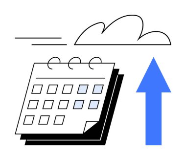 Ters çevrilmiş sayfalar, yukarı doğru ok ve bulut takvimi ilerlemeyi, gelecek planlamasını, zaman yönetimini ve büyümeyi sembolize ediyor. İş planlaması için ideal zamanlama, üretkenlik hedefi iş planlaması