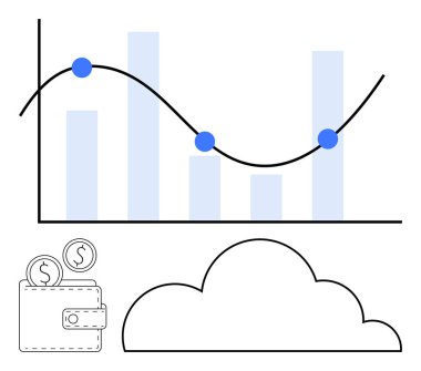 Moda ve veri noktaları olan bar tablosu, bozuk paralı cüzdan ve bulut grafiği. Finans, veri analizi, çevrimiçi depolama, ekonomi, yatırımlar, iş büyümesi ve teknoloji temaları için ideal