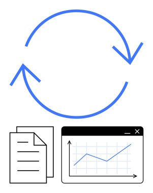 Dairesel oklar, belgelerin ve dijital grafiğin üstündeki süreklilik döngüsünü sembolize ediyor. Çalışma akışı, proje yönetimi, otomasyon, veri değişimi, büyüme, üretkenlik için ideal, düz basit metafor
