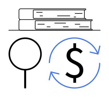 Yığılmış kitaplar, büyüteç ve oklu dolar işareti bilgi, öğrenme, araştırma, yatırım, eğitim, finansal büyüme ve veri analizini simgeler. Eğitim için ideal finansman temaları